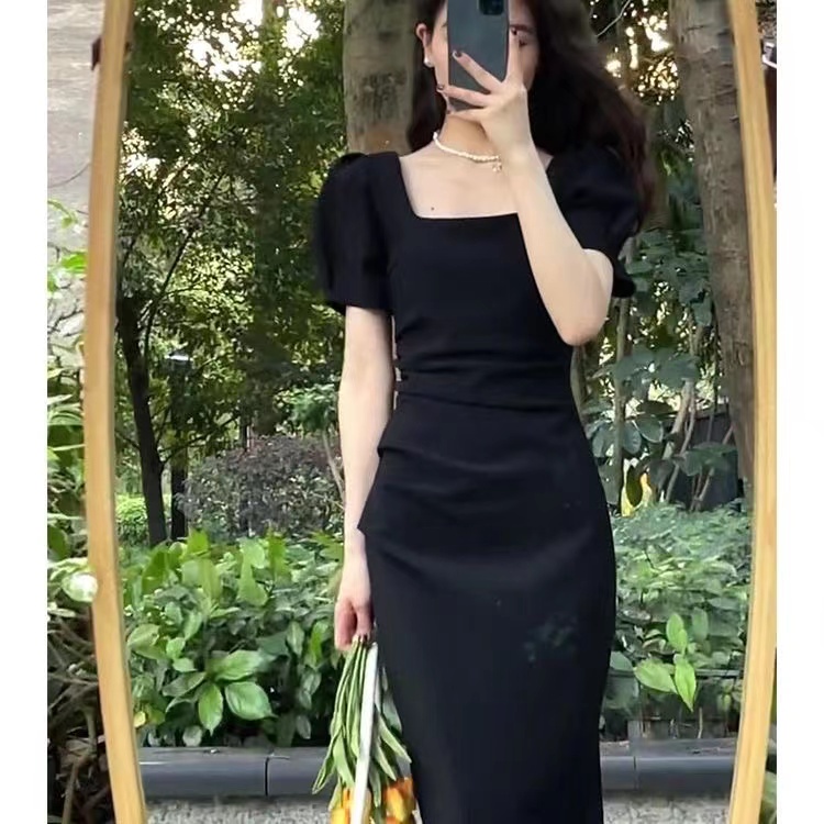 Korean Women Ladies Short Sleeve Square Neck Slim Pencil Summer Maxi ...