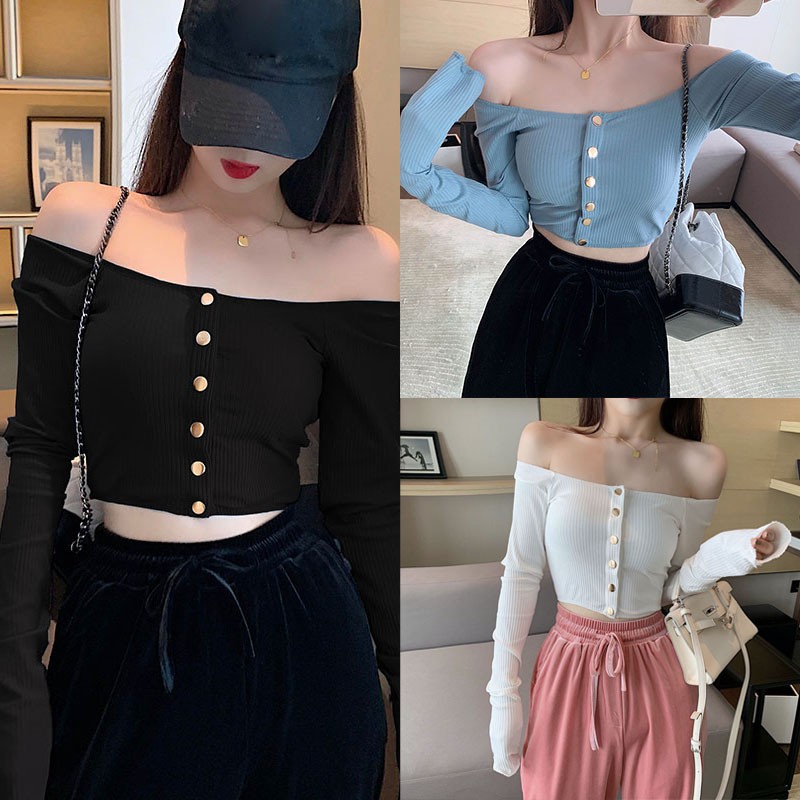 003 Sexy Women Slim Crop Top Button Long Sleeve Slash Neck Short Tee Shopee Malaysia