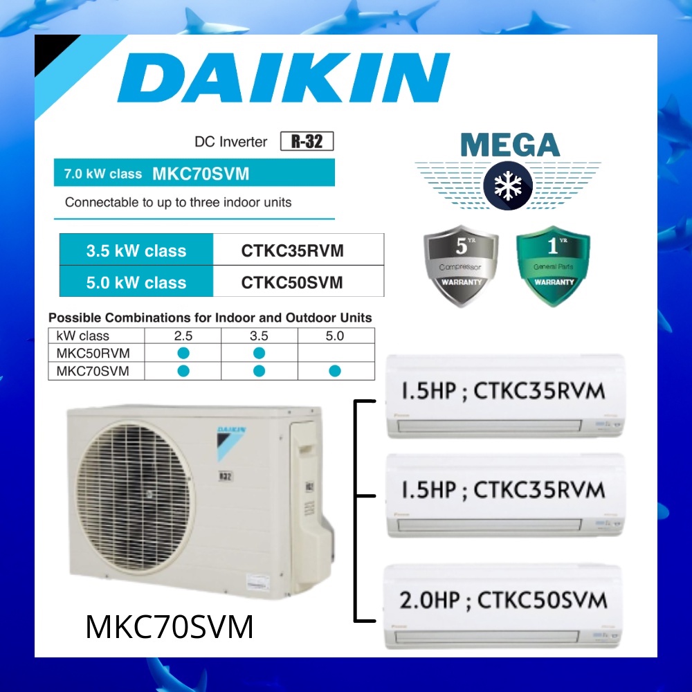 DAIKIN MULTISPLIT AIR COND INVERTER [OUTDOOR MKC70SVM 3.0HP] + [INDOOR