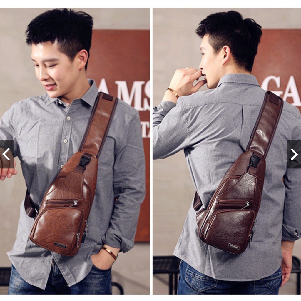 Fashion Summer Men's Leather Simple small Sling Bag chest bag crossbody bag  4018