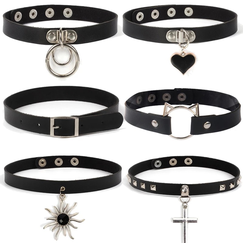 Multi-style Black Punk Alloy Charm Leather Vintage Choker/ Hip Hop  Personality Heart Cross Rivet Necklace/ Women Novelty Jewelry Accessories