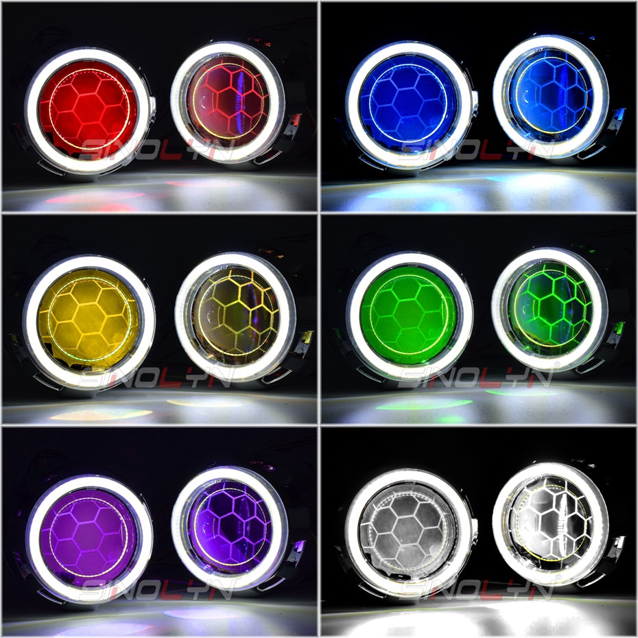 2.5 inch Honeycomb Bi Xenon Projector Lens RGB LED Angel Eyes Shrouds Headlight