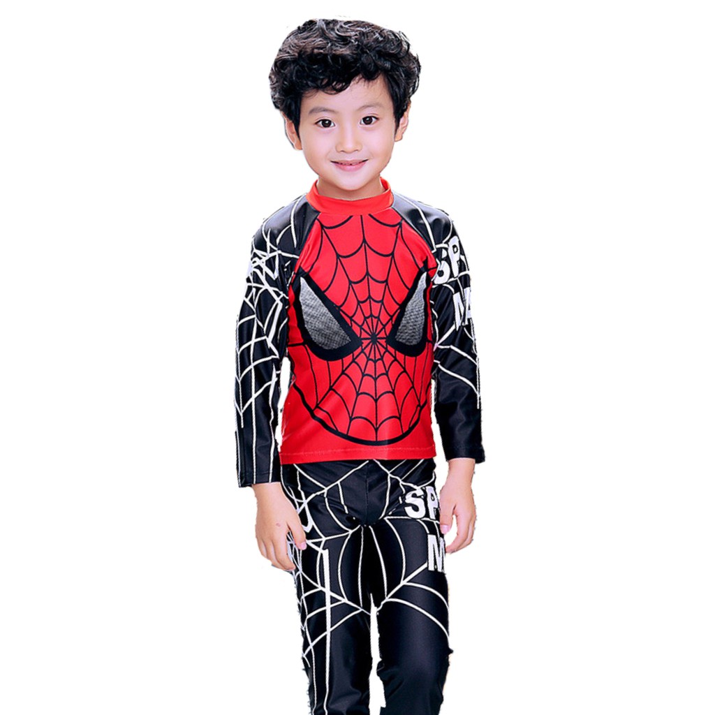 Kids Spiderman Swimming Suits with Cap Kid Boy Cartoon Spiderman Long