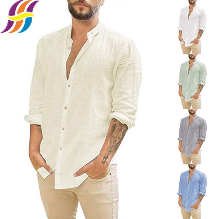 Mens Casual Cotton Linen Shirt Long Sleeve Loose Blouse Button Down T-Shirt  Tops
