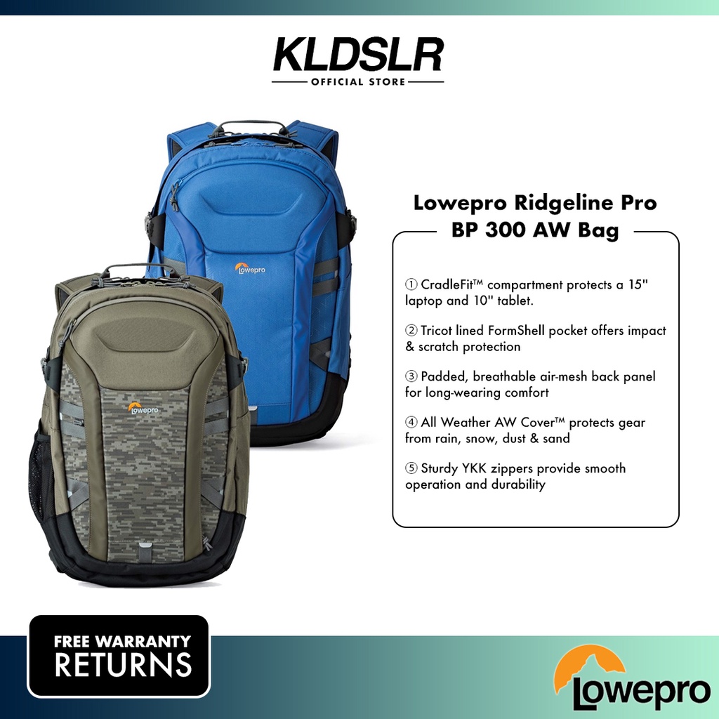 Lowepro Ridgeline BP 300 AW Backpack Camera Bag (Horizon Blue/ Traction ...