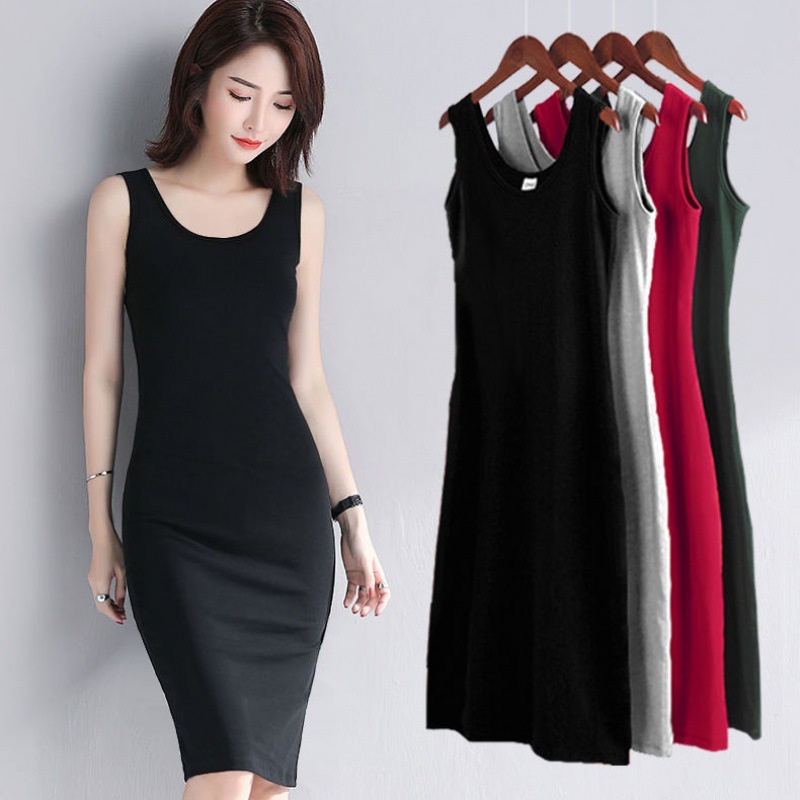 Women Plus Size Sleeveless Dress Loose Fit Solid Color Casual Midi ...