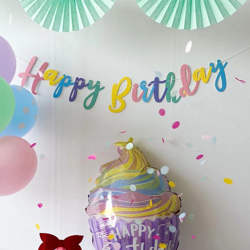 INS Macaroon Script Happy Birthday Banner Baby Shower Pink Yellow Blue ...
