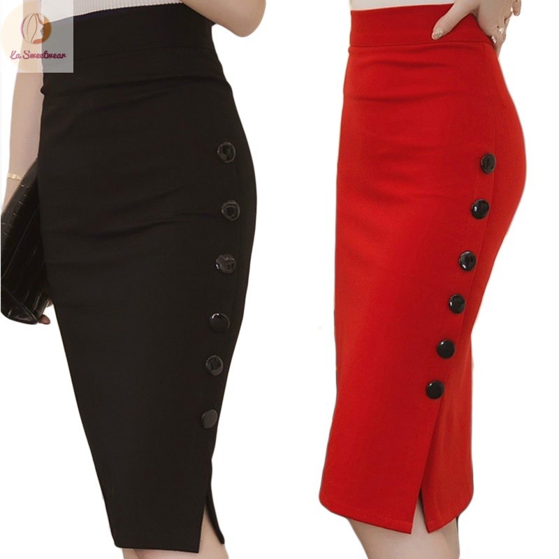 Plus Size Women Midi Skirt Slim Ol Open Slit Pencil Skirt Bodycon Ladies Skirt Shopee Malaysia