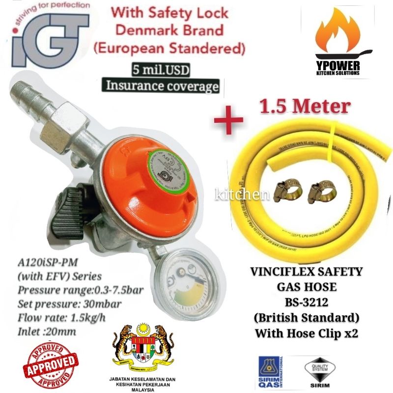 IGT Gas Regulator With GAUGE&SAFETY LOCK / with 1.5M UNIGAWA gas hose