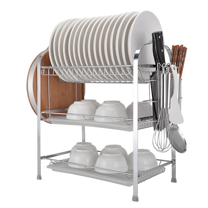 3 Layer Steel Dish Rack With Knife Cutting Board Compartments Kitchen ...