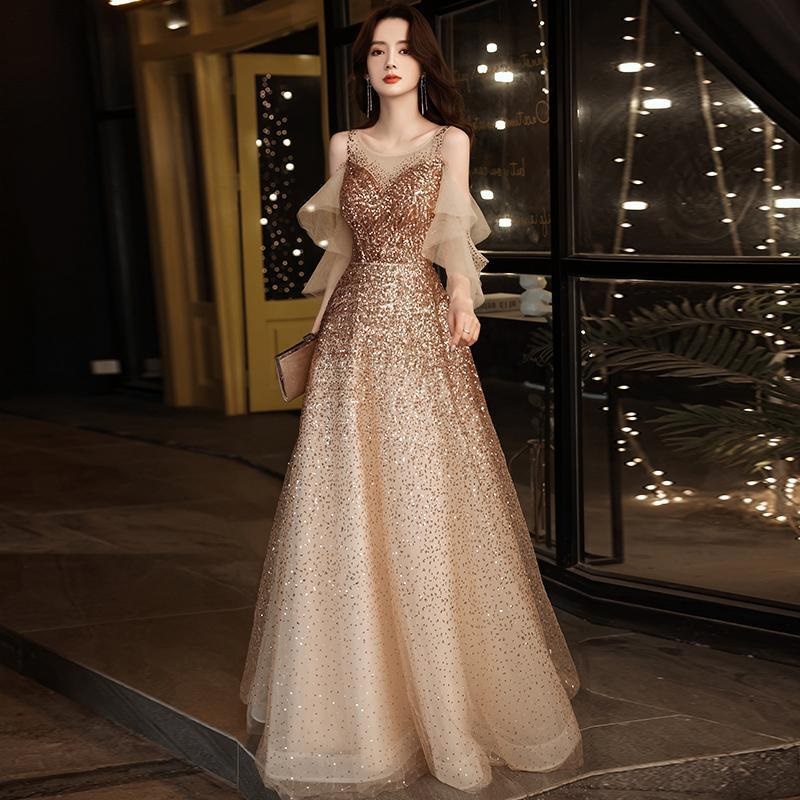 Champagne Gold Sequin Evening Dress Elegant Off Shoulder V neck Slim A line Long Dresses Banquet Annual Dinner Host Gown