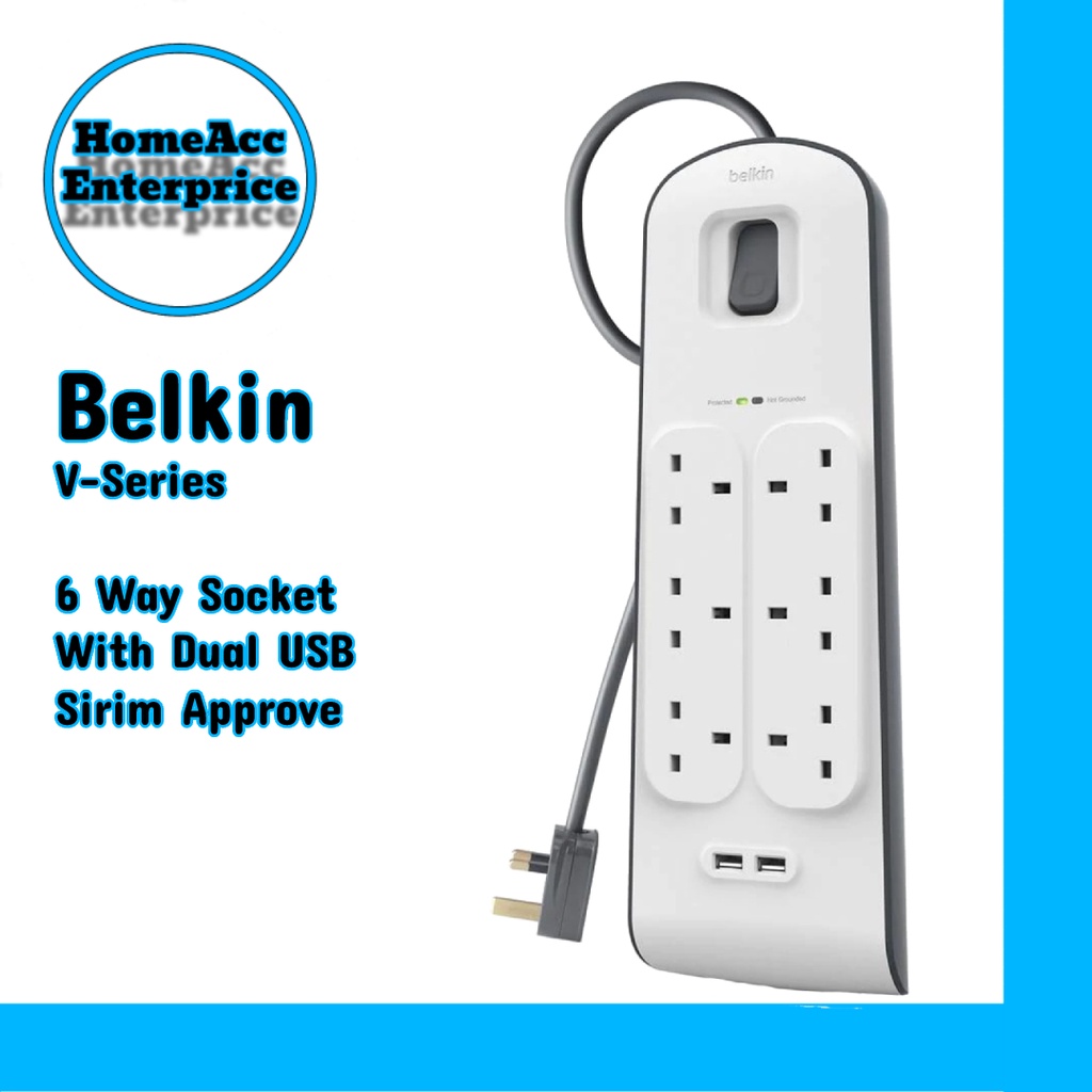 Belkin 6 Way Portable Socket [White] V-Series With Dual USB Port [2M ...