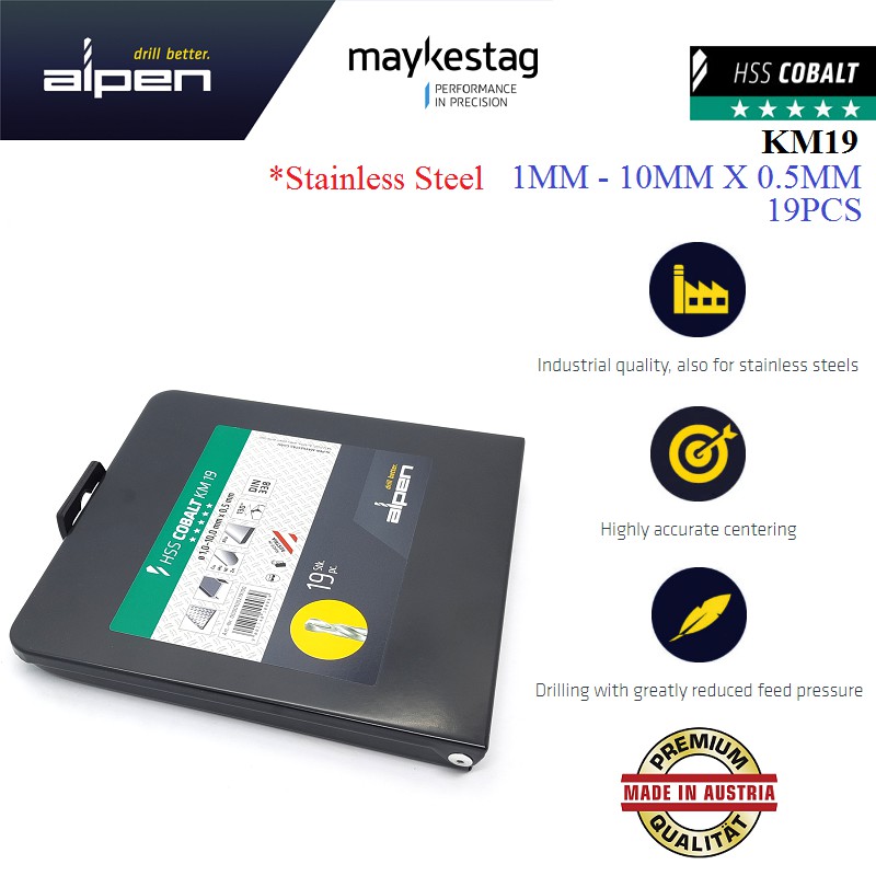 Alpen 19PCS(Stainless Steel) 1mm-10mm x 0.5mm HSS Cobalt KM19 Drill Set ...