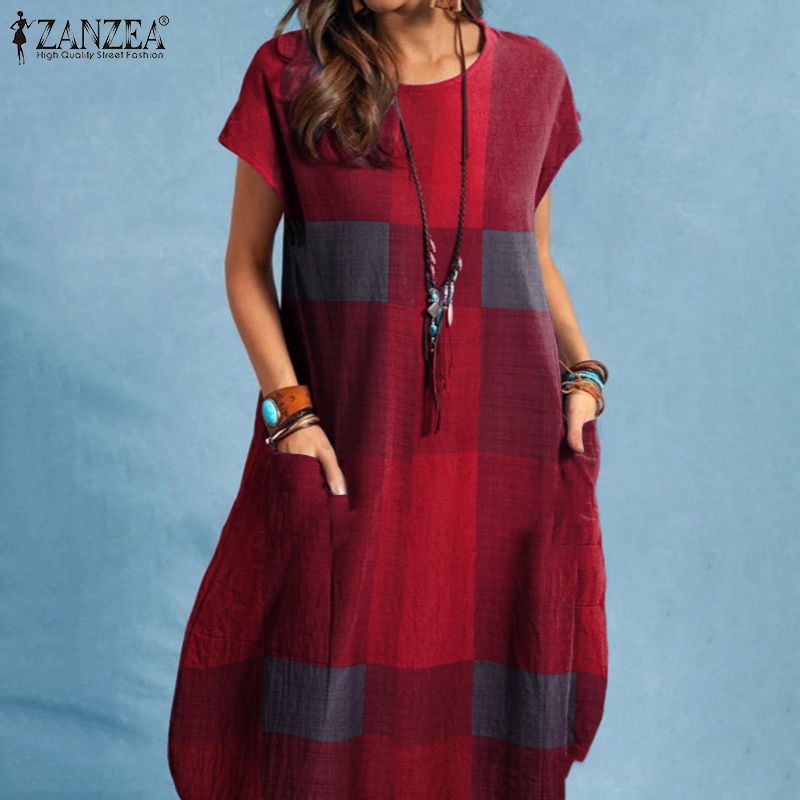 Zanzea Women Vintage O Neck Short Sleeve Plaid Print Sundress Casual