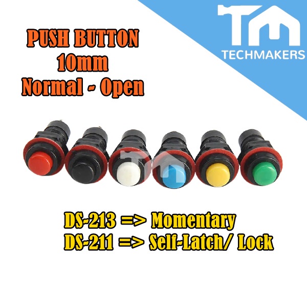 DS-213/DS-211 10mm Momentary/Self-Latch Push Button Switch Normal-Open Lock Locking Round Mount Mounting TechMakers