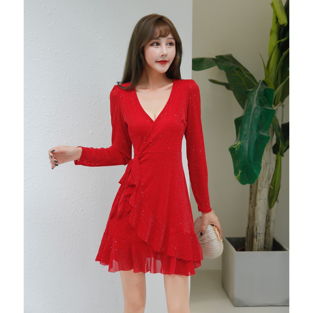 Long sleeve flowy hot sale red dress