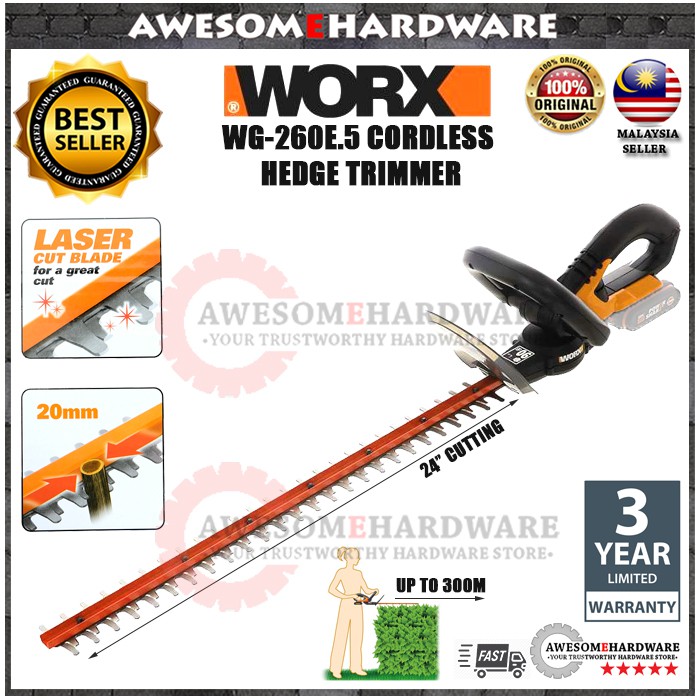 3 YEAR WARRANTY WORX WG 260E.5 20V LI ION CORDLESS HEDGE TRIMMER