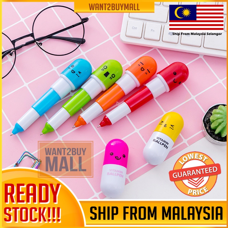🇲🇾 🏆 Vitamin Capsule Retractable Telescopic Writing Pen Mini Ballpoint ...