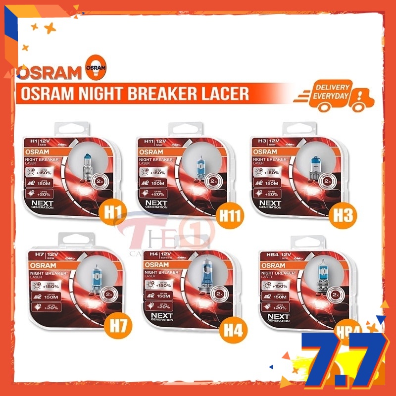100% Original Osram Night Breaker Laser +150% Brighter Bulb - H1 H3 H4 H7  H11 - 1Set 2Pcs