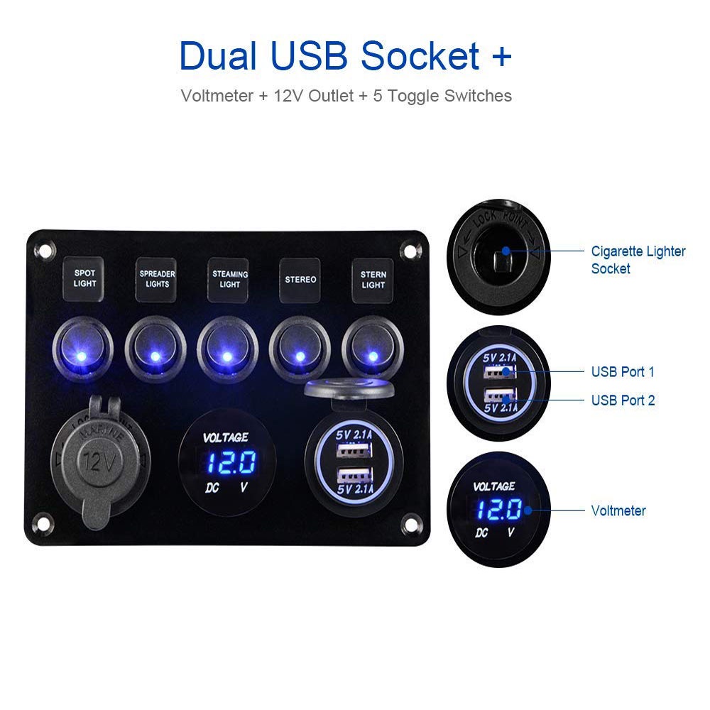 5 Gang Start stop button Boat LED Rocker Switch Panel With Voltmeter ...