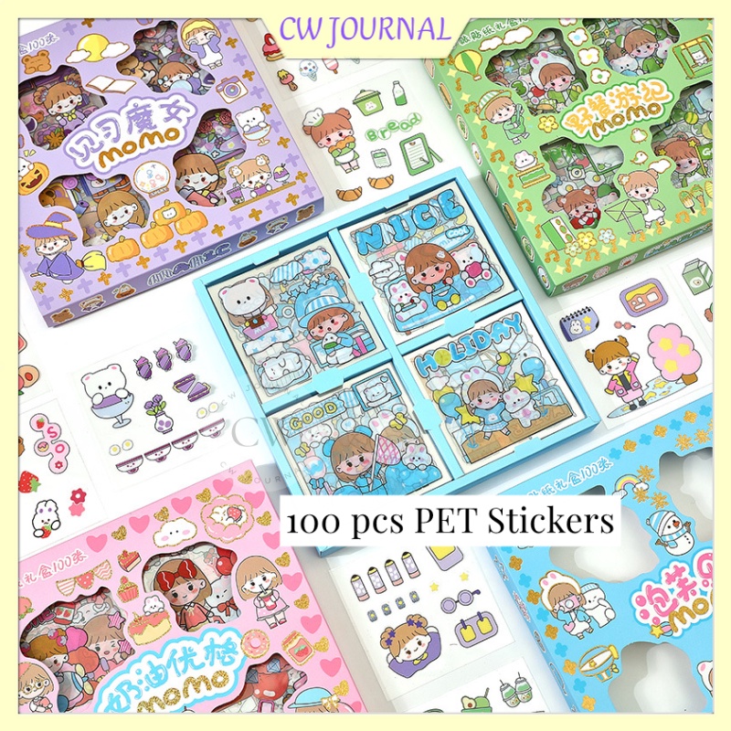 CW Journal 100Pcs PET No Repeating Momo Series Sticker Gift Box Journal Scrapbooking Cute