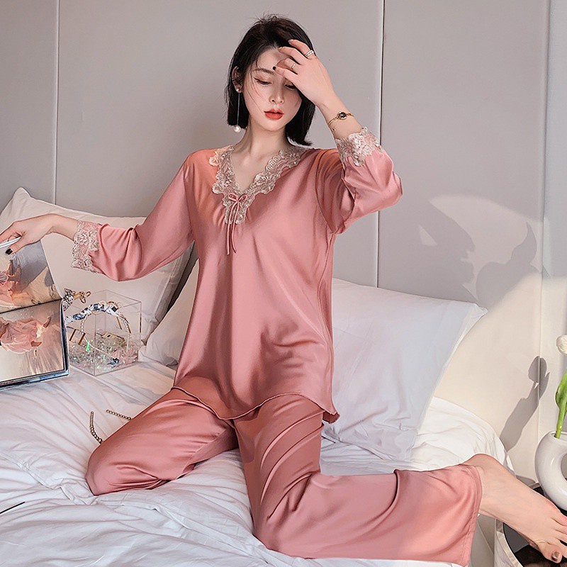 Ice Silk Women's Long Sleeve Pajama Set Lace V-Neck Sexy Loose Design  Nightwear