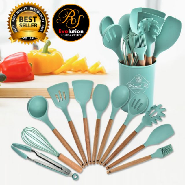 READY STOCK 12PCS SILICONE KITCHEN TOOL SET HOME WOODEN KITCHEN TOOL   Daa35a1da07702661d4b3da69a2bd9fd