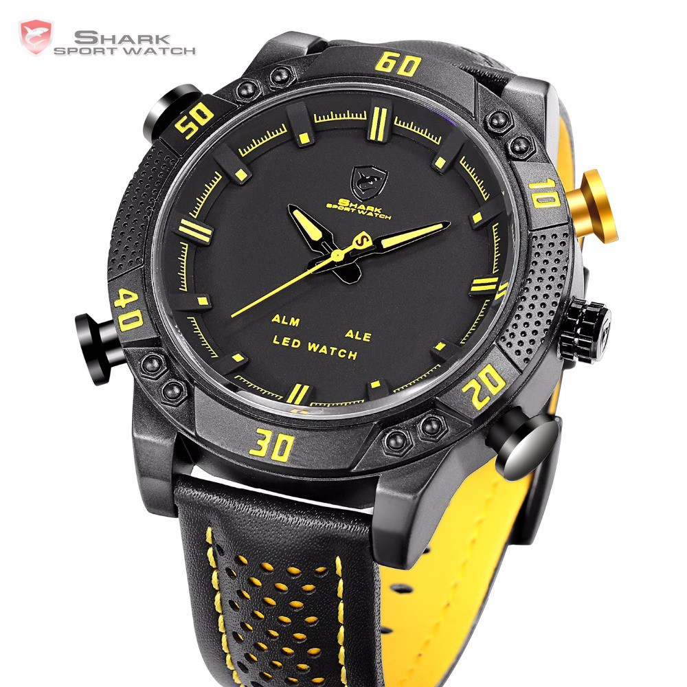 Kitefin Shark Sport Watch Black Yellow Dial Leather Band Military