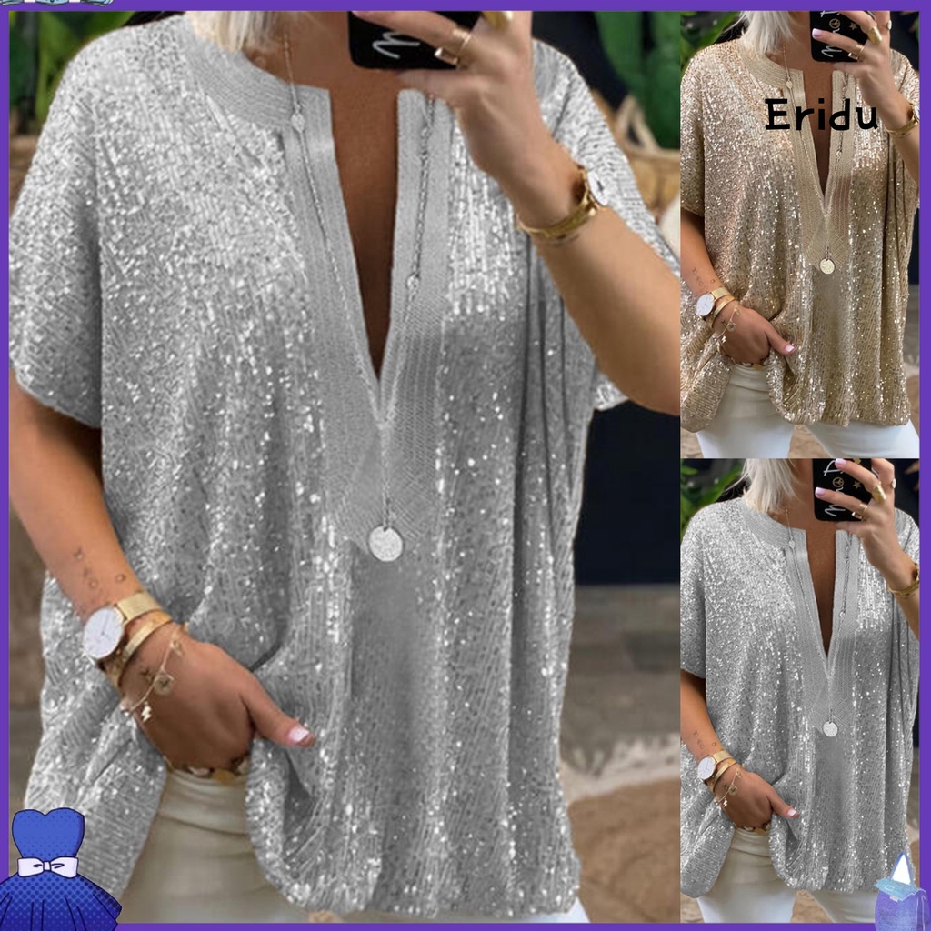 ED T-shirt Sequins Loose Female Women Short Sleeve Oversize Blouse for ...