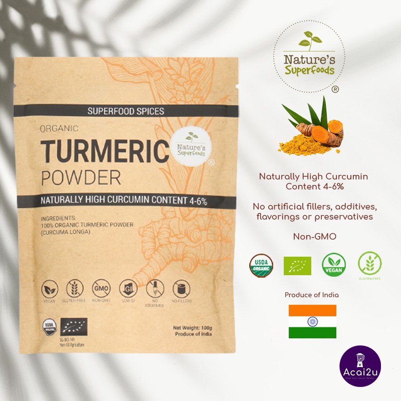 Natures Superfoods Organic Turmeric Powder Higher Curcumin Powder 100g Resealable Pack 4685