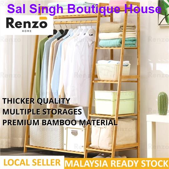 RENZO HOME Bamboo Wooden Clothes Open Wardrobe Rack Hanger
