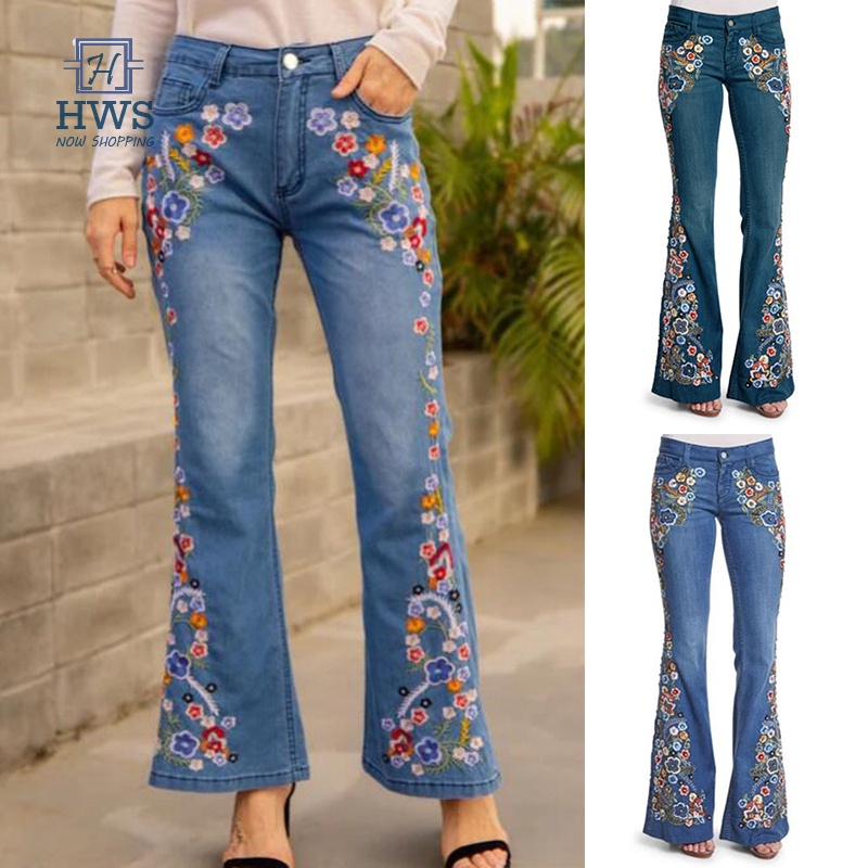 Women Jeans High-Rise Bell Bottom Flare Jeans Floral Embroidered