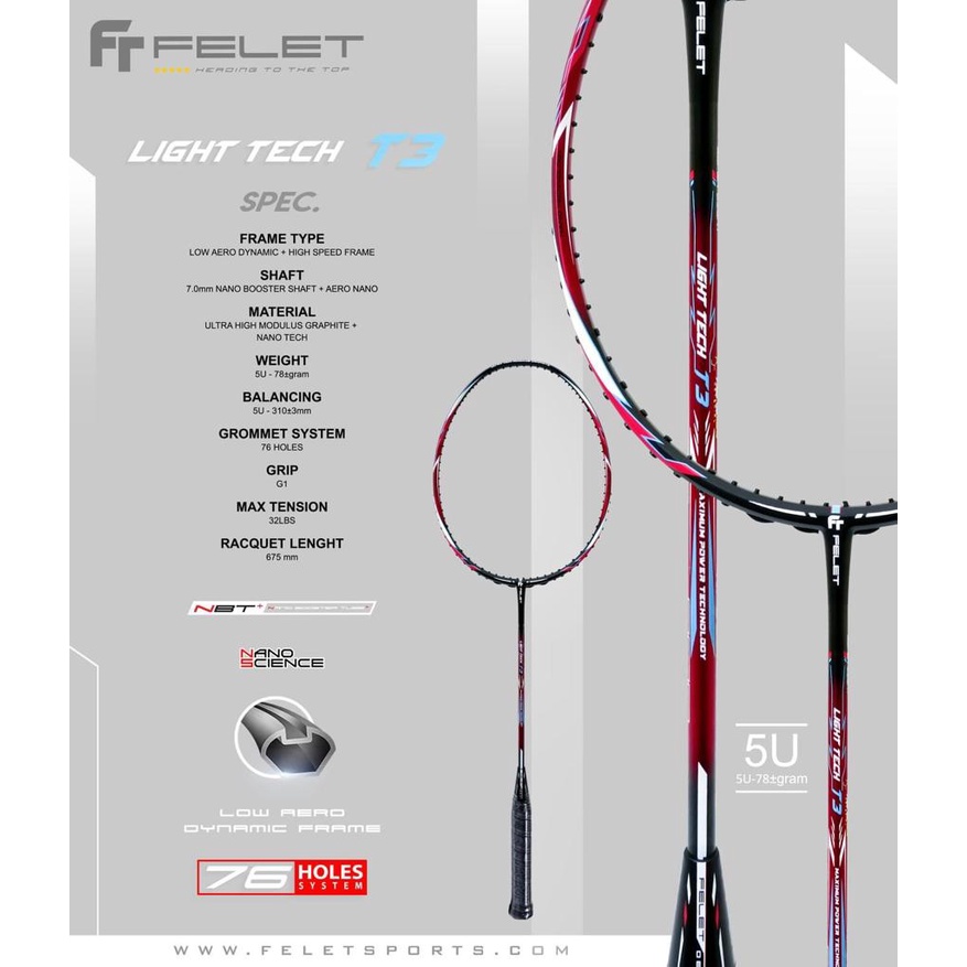 Felet Light Tech T3 Heavy Head Racket Badminton Raket Badminton [Free Japan String &amp; grip] 5u 78gram+-
