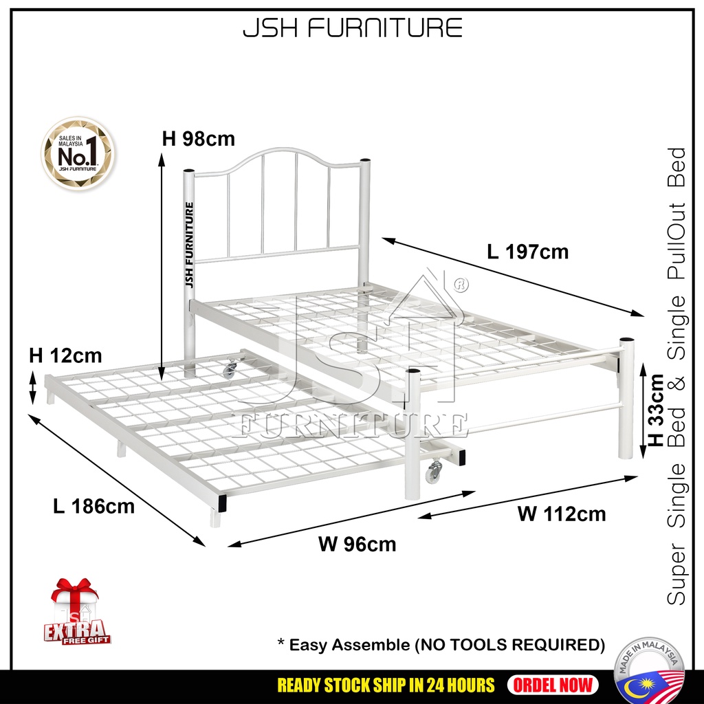 Super Single Metal Bed Frame With Pull Out Bed Frame JSH S32 Katil Bujang Katil Besi Super