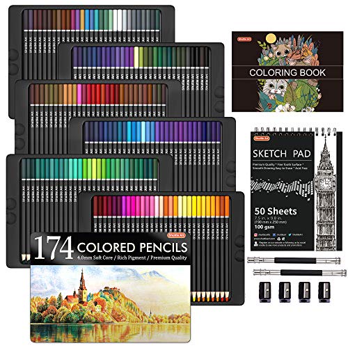 174 Colors Professional Colored Pencils, Shuttle Art Soft Core Coloring  Pencils Set with 1 Coloring Book,1 Sketch Pad, 4 Sharpener, 2 Pencil  Extender, Perfect for Artists Kids Adults Coloring 