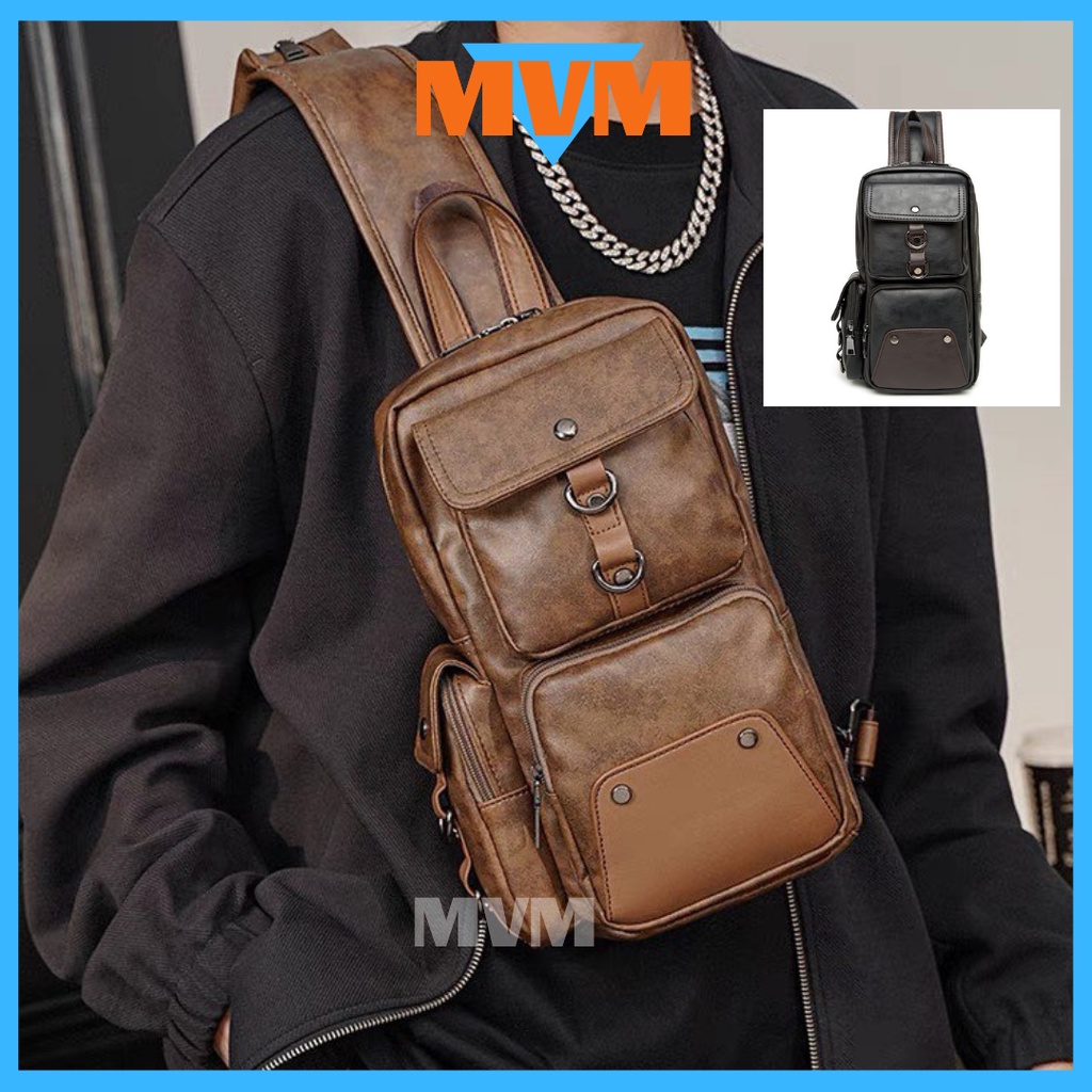 Malaysia Stock] Men's Leather Sling Bag Cross Body Multifunction Shoulder Beg  Lelaki Kulit