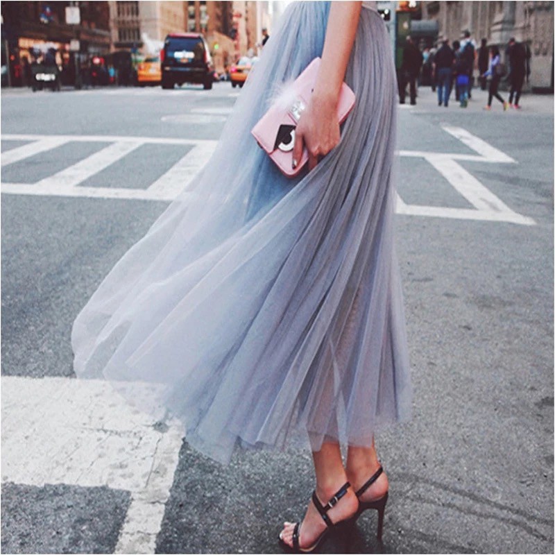 Ready Stock 3 layer Mesh 1 Layer Lining New Pleated Long Dress Women s Elastic Waist Mesh A Word Tulle Maxi Skirt Shopee Malaysia