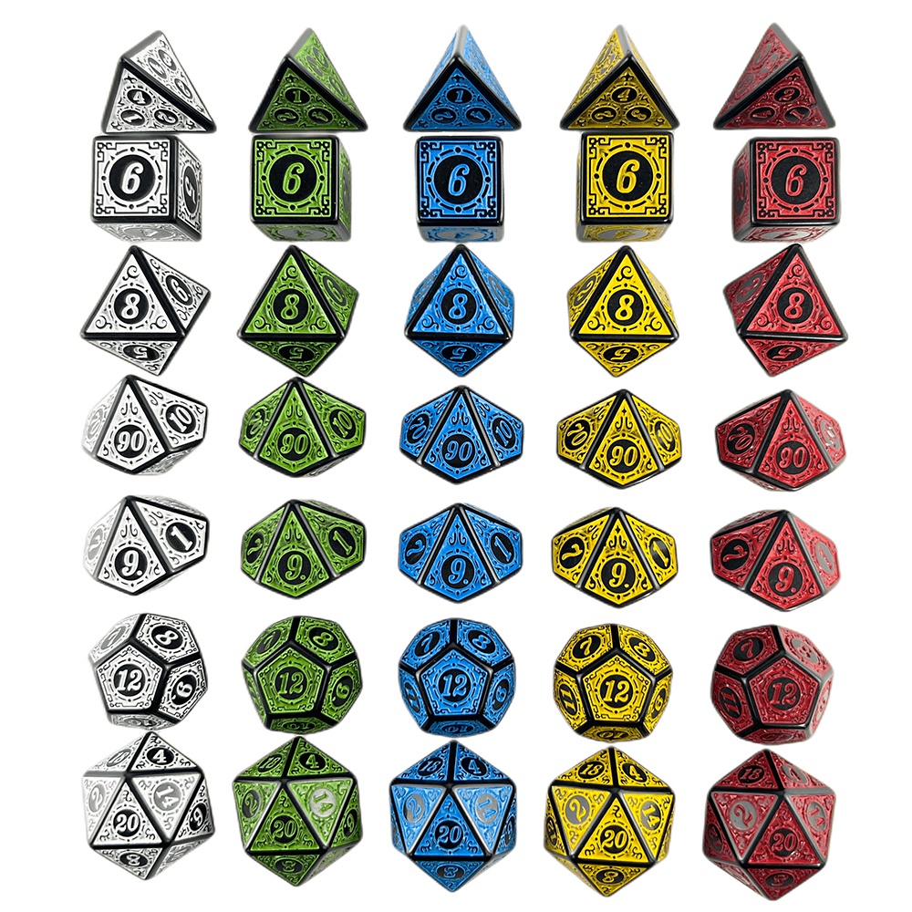 DND Polyhedral Dice Set with Textures Pattern 7pcs of D4 D6 D8 D10 D10