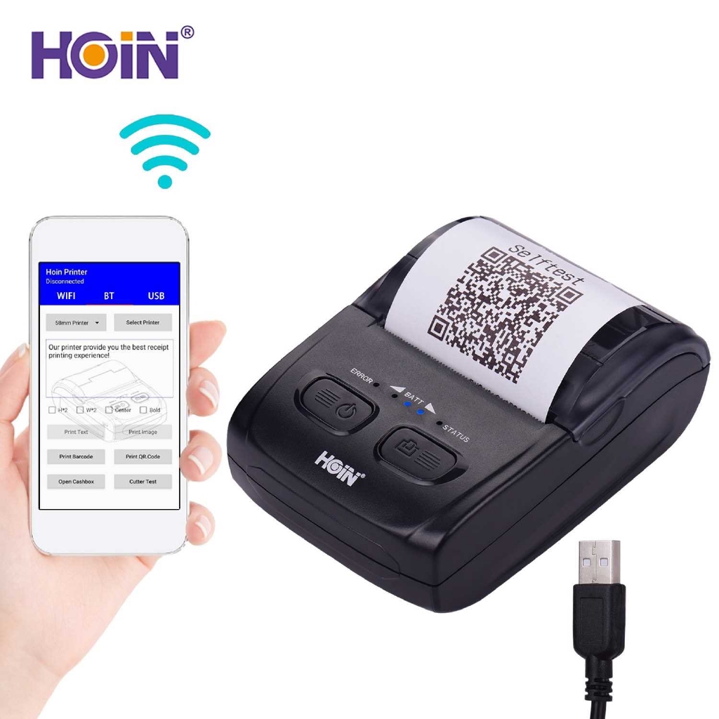 Hoin Portable 58mm Thermal Receipt Printer Handheld Barcode Printer Usb Bt Connection Wireless 9731