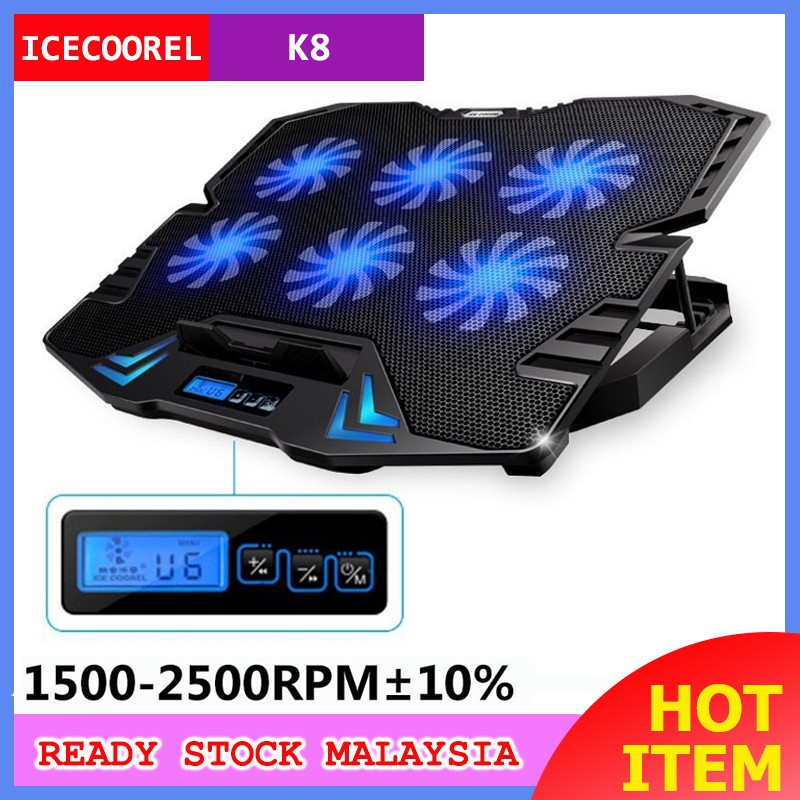 ICE COOREL K8 Silent 6 Fans Cooler Pad with Rack Stand and Built-in LCD ...