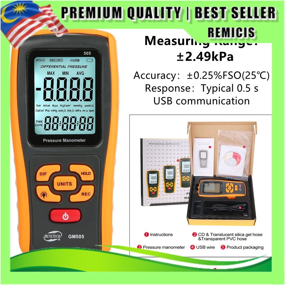 2.49KPa Digital Pressure Manometer GM505 High Precision Manometer