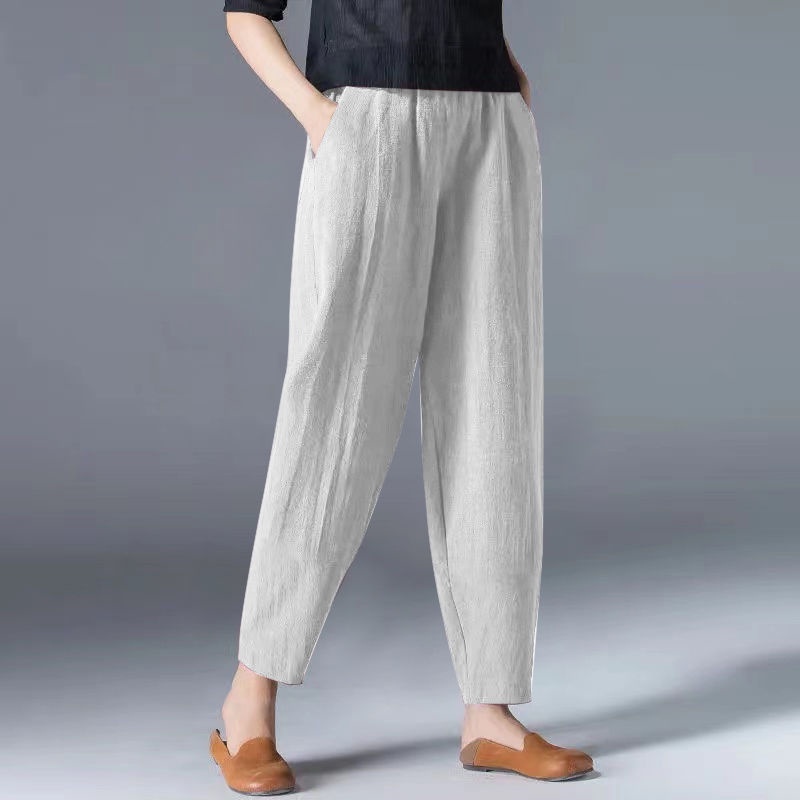 Summer Women Linen Cotton Straight Trousers Casual Loose Elastic Waist  Pants
