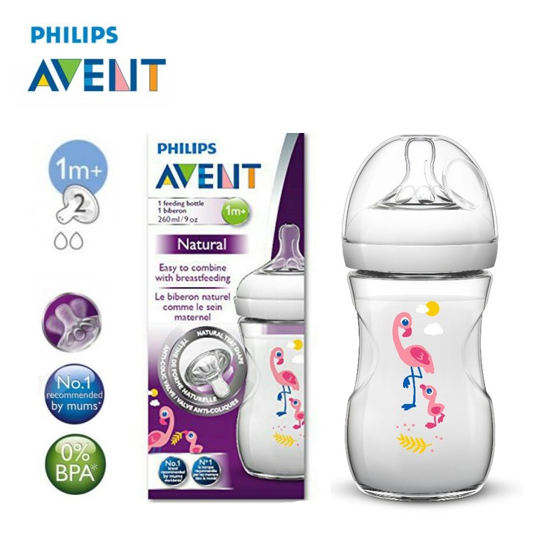 Philips Avent Natural Baby Bottle Flamingo 260ml/9oz w Slow Flow Teat 1m+ In Box | Shopee Malaysia
