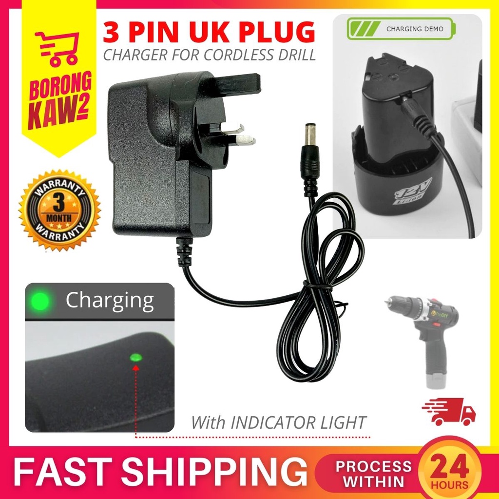 12V 3 Pin UK Plug AC/DC Adapter Cordless Drill Battery Charger for 12V