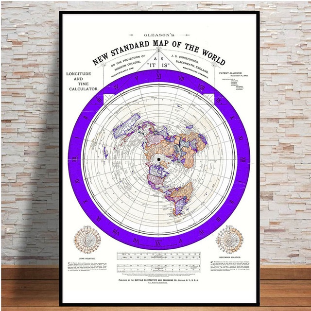 Artery8 Map Gleason 1892 World Time Calculator Flat Earth Unframed Wall Art Print Poster Home Decor Premium Carta geografica Mondo Parete Manifesto Casa : Artery8