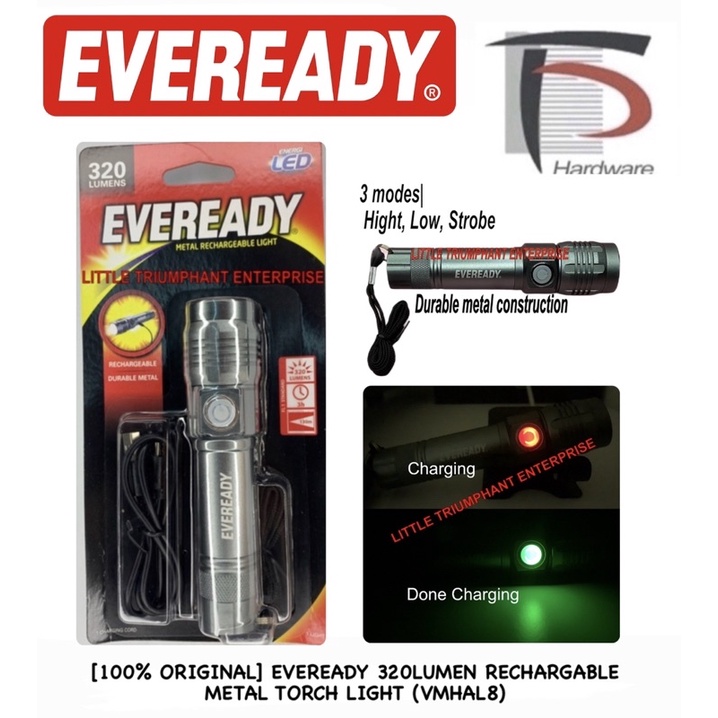 100 Original Eveready 320lumen Rechargeable Metal Torch Light Vmhal8 Shopee Malaysia 0065