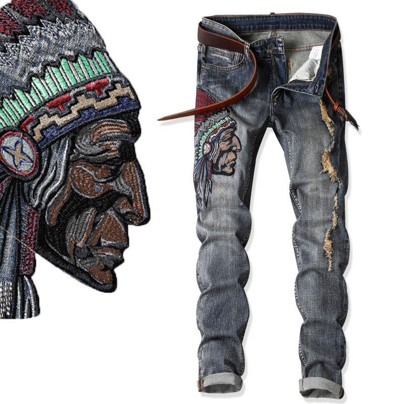 Native American Indian Chief Embroidery Jeans Men Cool Ethnic Punk ...