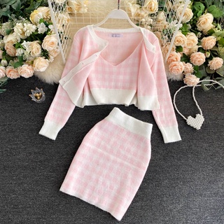Korean Sweet Knit Plaid Cardigans + Camisole + Skirts 3pcs Sets Girls Short  Sweater Coat + Vest + Mini Skirt Suits Women Outfits | Shopee Malaysia