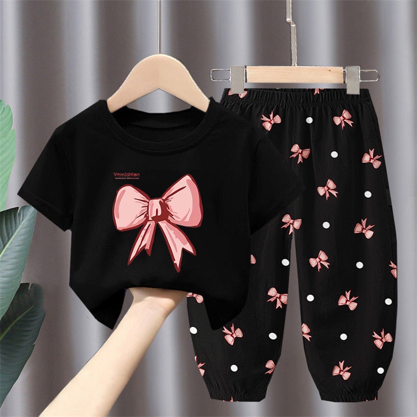 Girls Summer Trendy Suits Children Bow Western Style New Medium Small Baby Sports Clothes Two