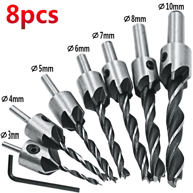 7pcs 3mm-10mm HSS 5 Flute Countersink Drill Bits Set Reamer Woodworking ...